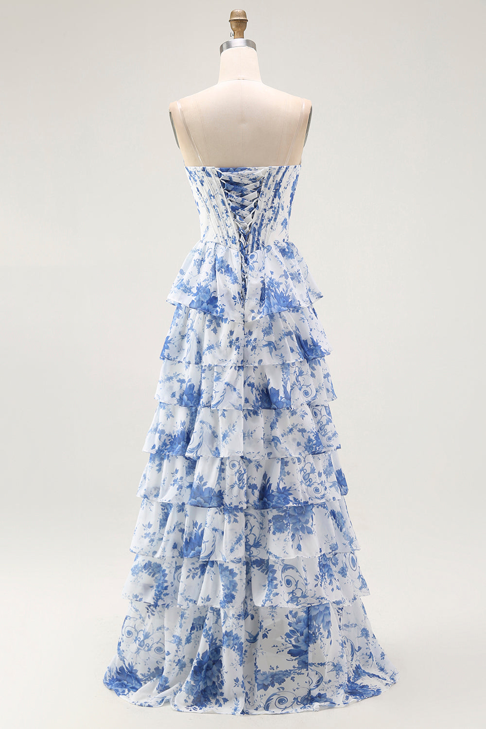 Bleu Blanc Fleur A-ligne Tiered Corset Robe Longue de soirée Avec Fente