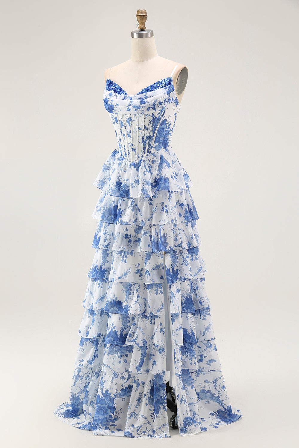Bleu Blanc Fleur A-ligne Tiered Corset Robe Longue de soirée Avec Fente