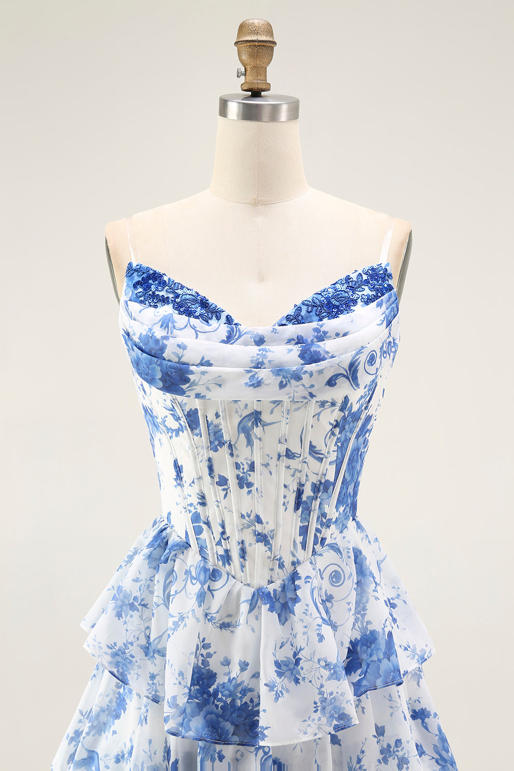 Bleu Blanc Fleur A-ligne Tiered Corset Robe Longue de soirée Avec Fente