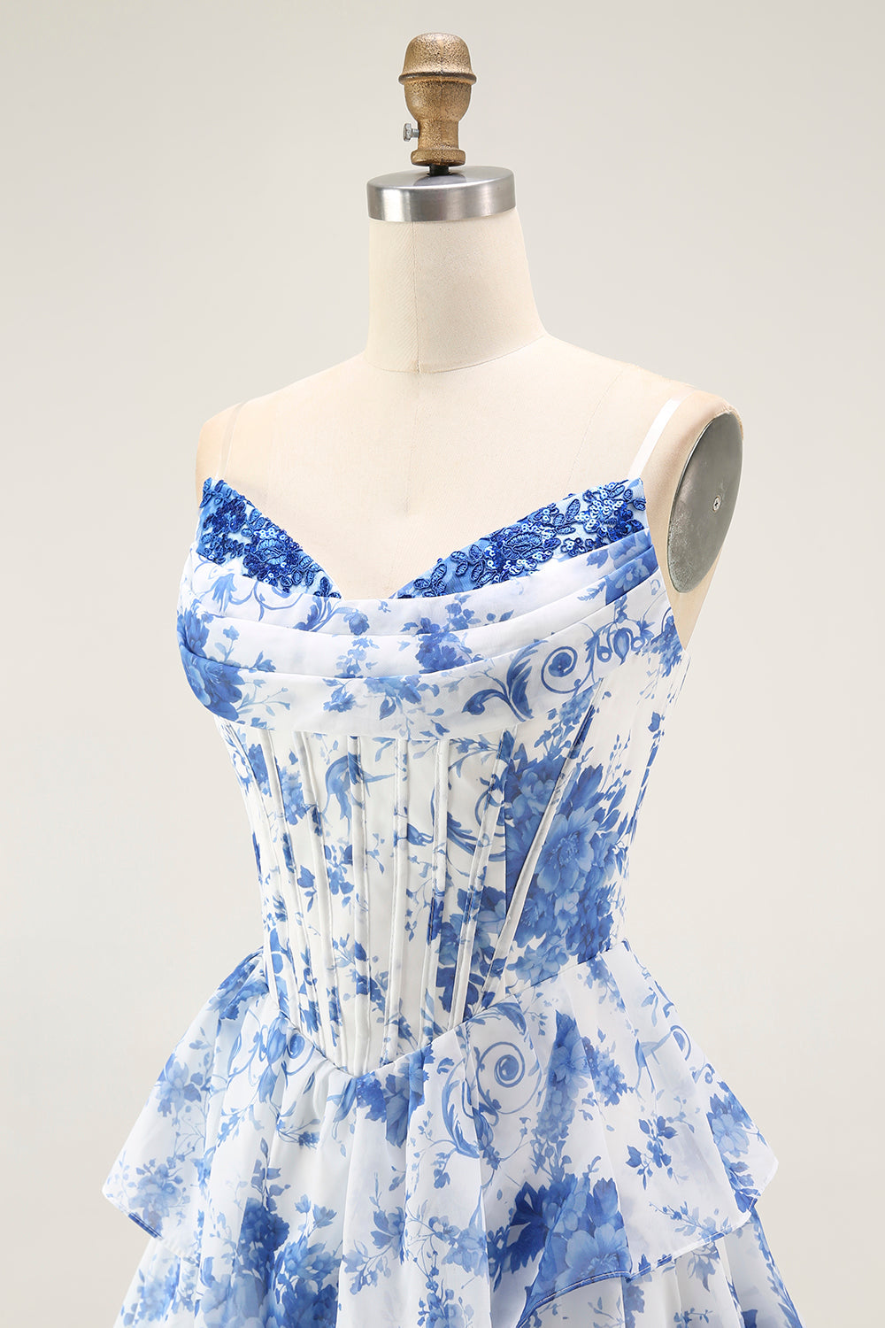 Bleu Blanc Fleur A-ligne Tiered Corset Robe Longue de soirée Avec Fente