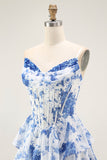 Bleu Blanc Fleur A-ligne Tiered Corset Robe Longue de soirée Avec Fente