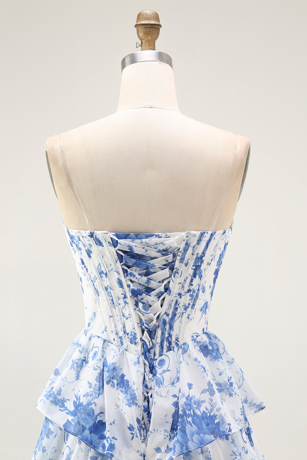 Bleu Blanc Fleur A-ligne Tiered Corset Robe Longue de soirée Avec Fente