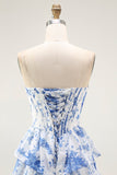 Bleu Blanc Fleur A-ligne Tiered Corset Robe Longue de soirée Avec Fente