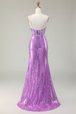 Sirène scintillante violet Corset Applique Robe de soirée avec fente