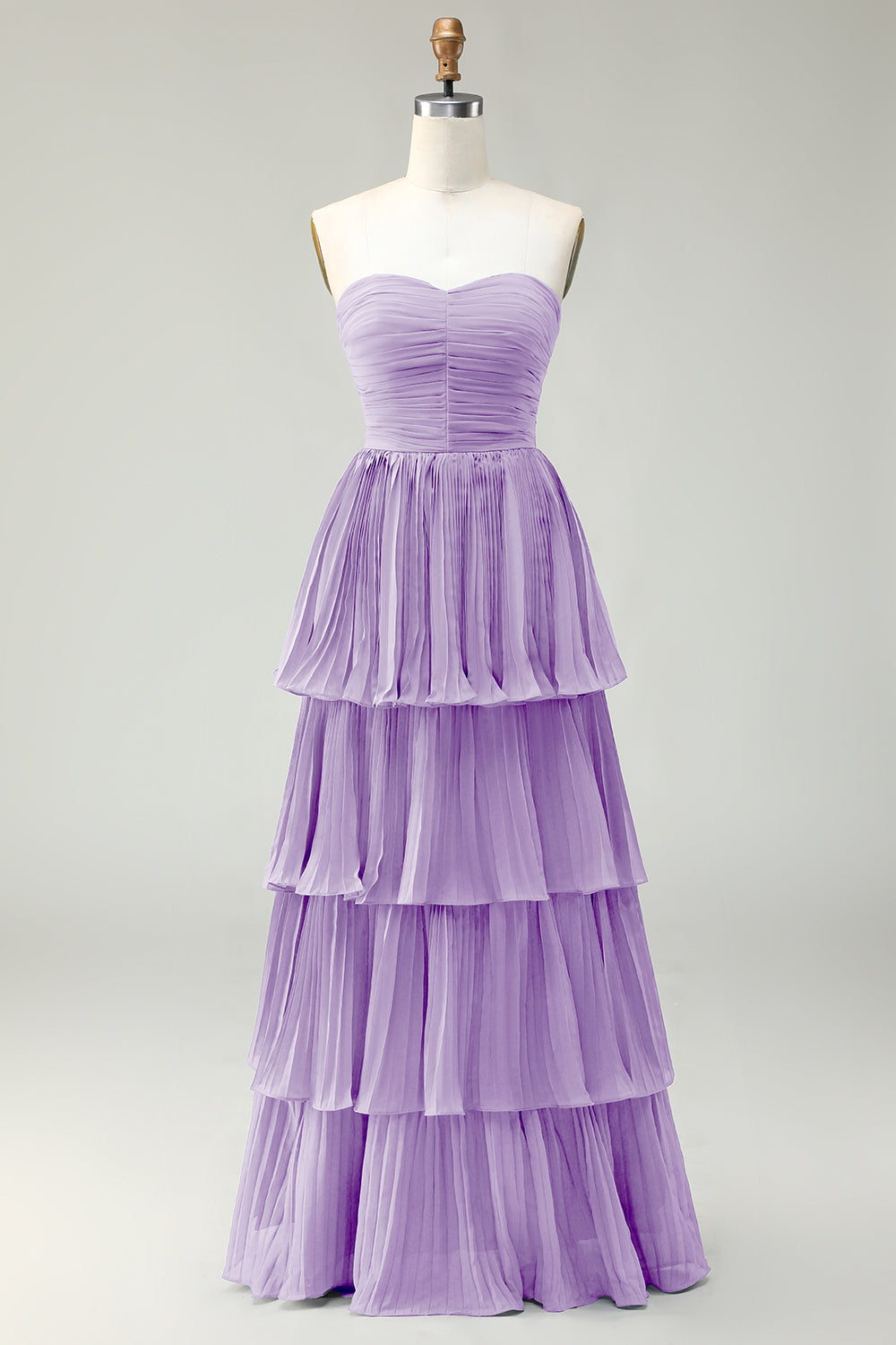 Robe de demoiselle d’honneur longue sans bretelles plissée à plusieurs niveaux rose poudré rose poudré