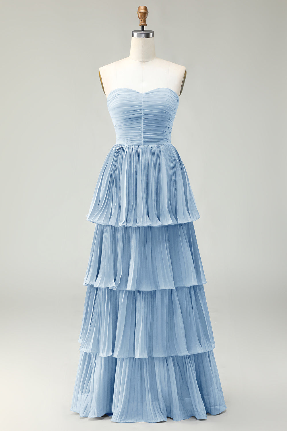 Robe de demoiselle d’honneur longue sans bretelles plissée à plusieurs niveaux rose poudré rose poudré