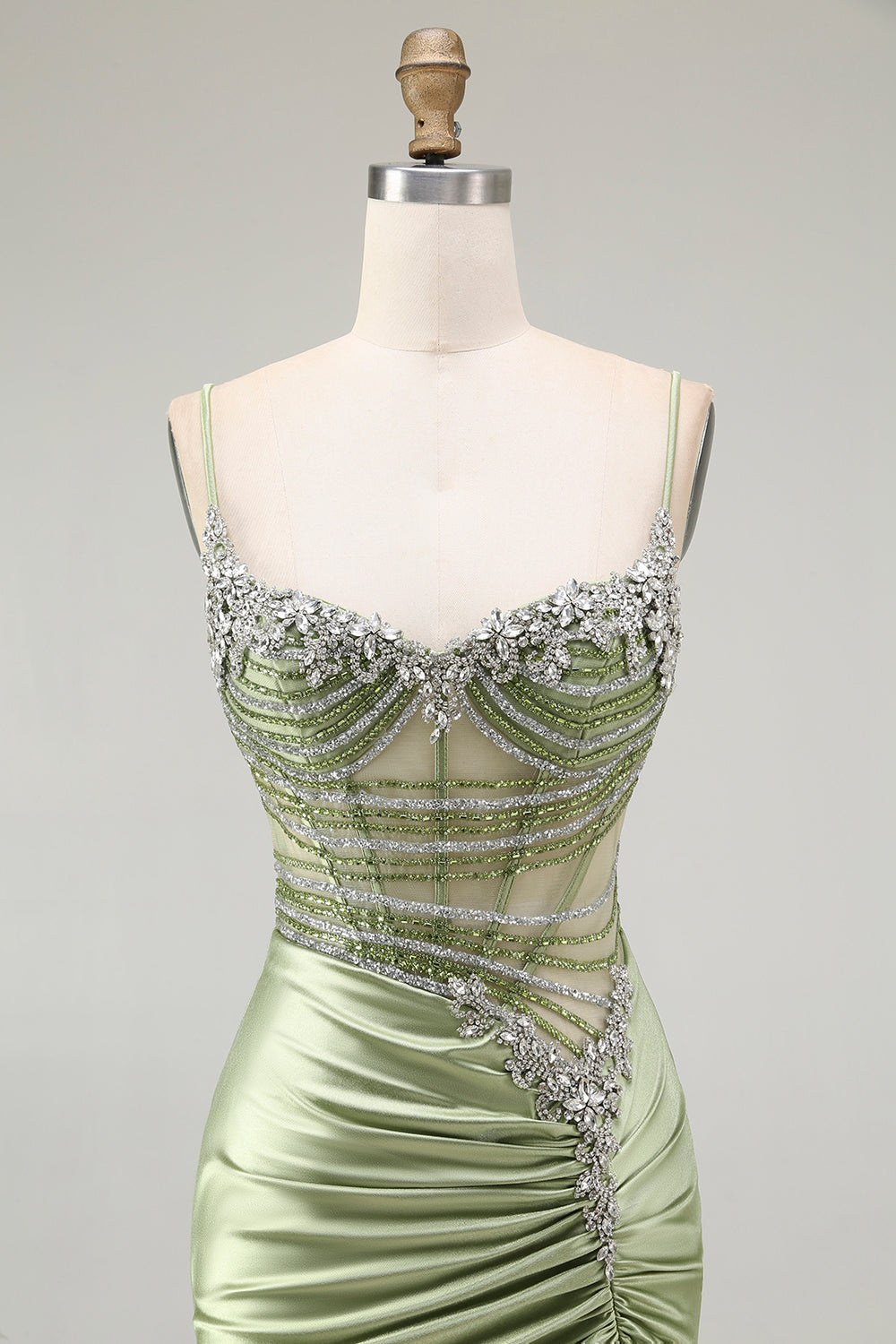Robe de soirée en satin froncé corset sirène verte avec fente