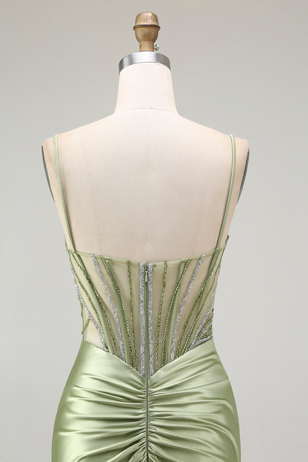 Robe de soirée en satin froncé corset sirène verte avec fente