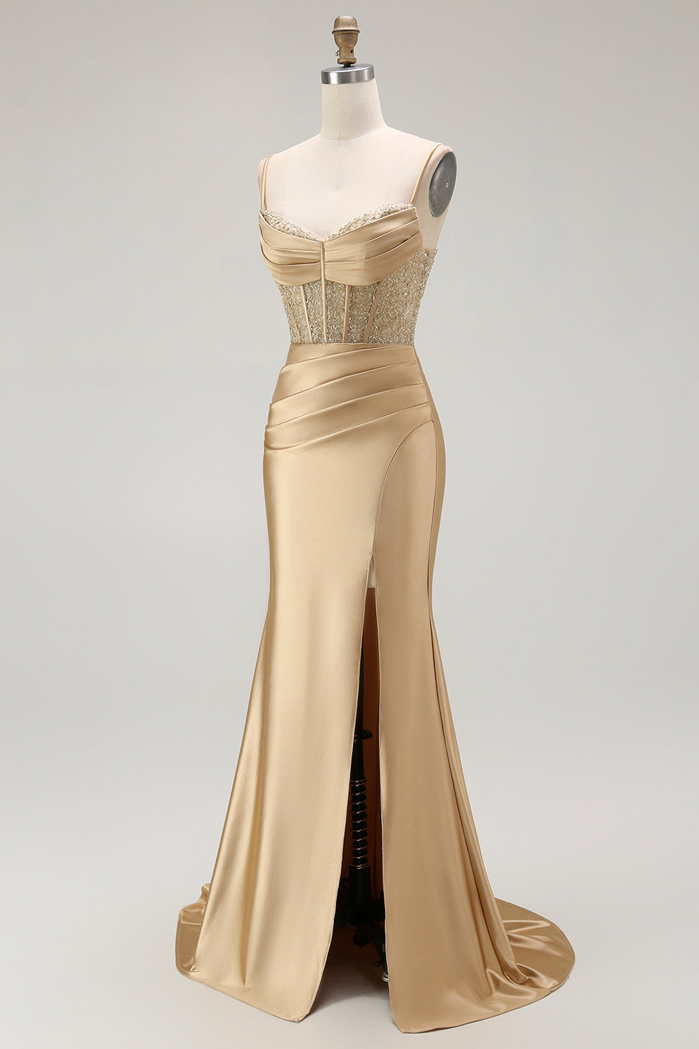 Sirène rouge spaghetti bretelles Corset plissé longue Robe de soirée avec fente