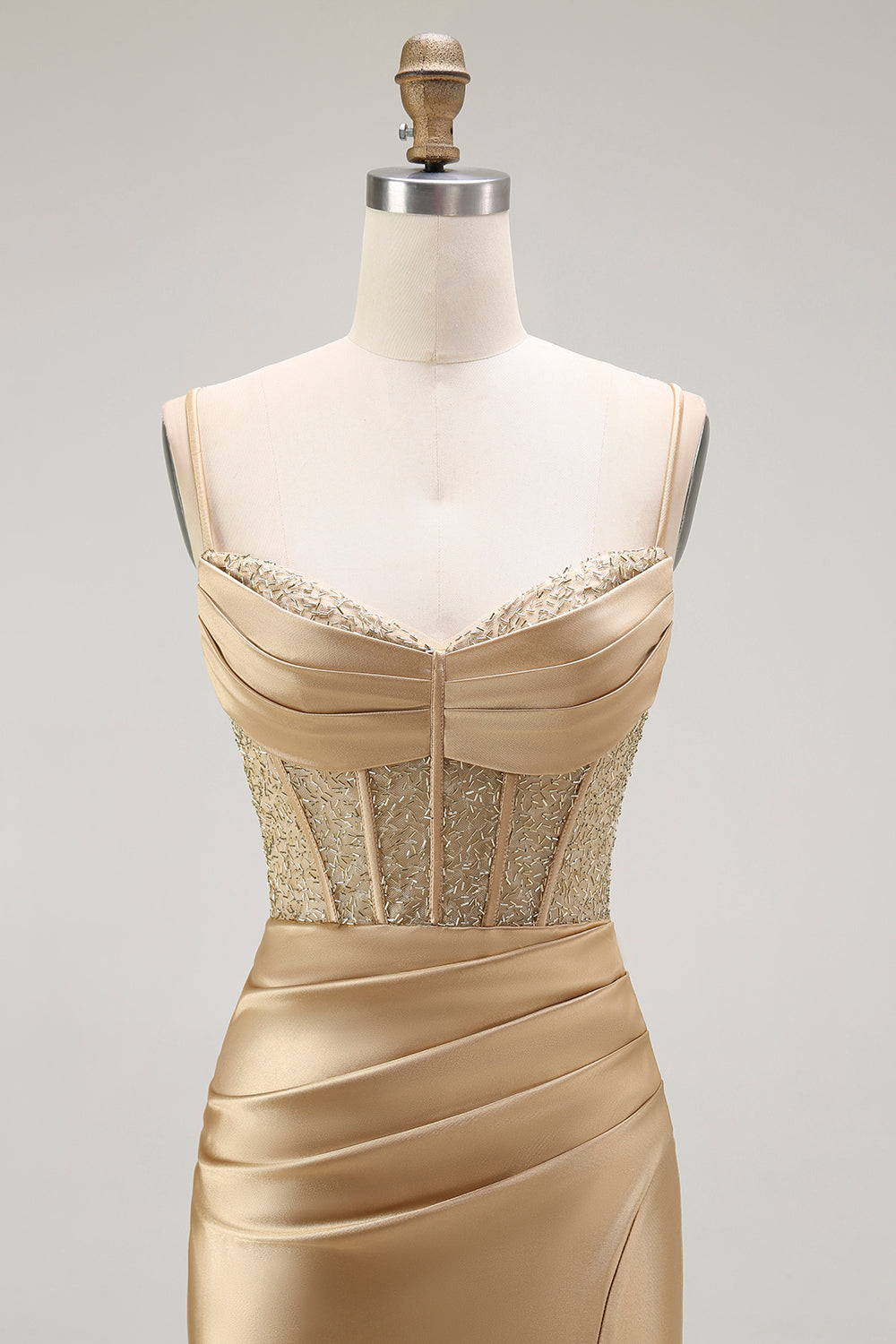 Sirène rouge spaghetti bretelles Corset plissé longue Robe de soirée avec fente