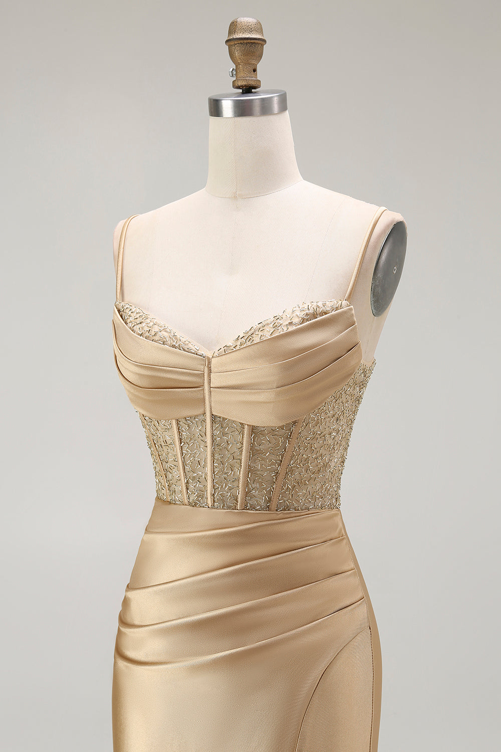 Sirène dorée Spaghetti bretelles Corset Robe de soirée longue plissée avec fente