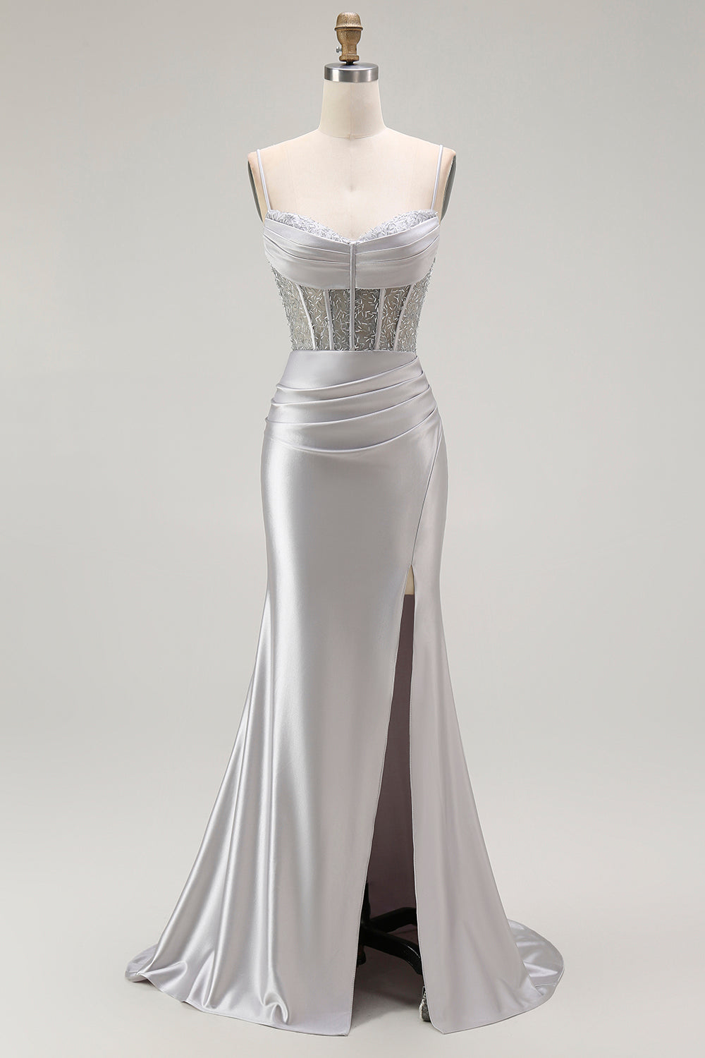 Sirène rouge spaghetti bretelles Corset plissé longue Robe de soirée avec fente