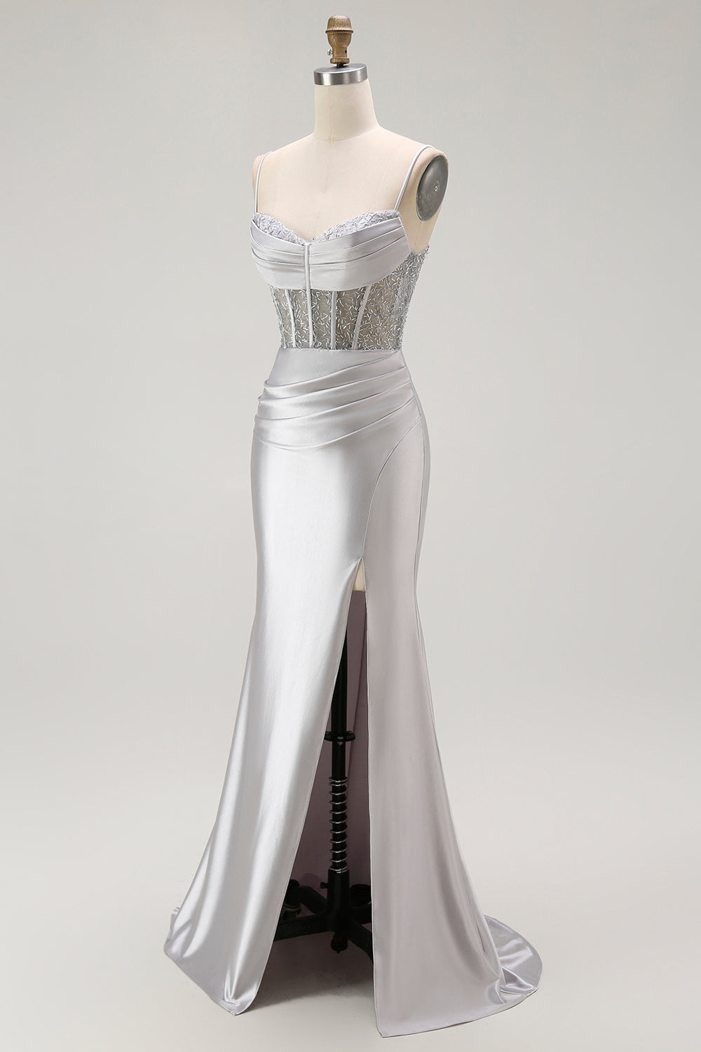 Sirène rouge spaghetti bretelles Corset plissé longue Robe de soirée avec fente