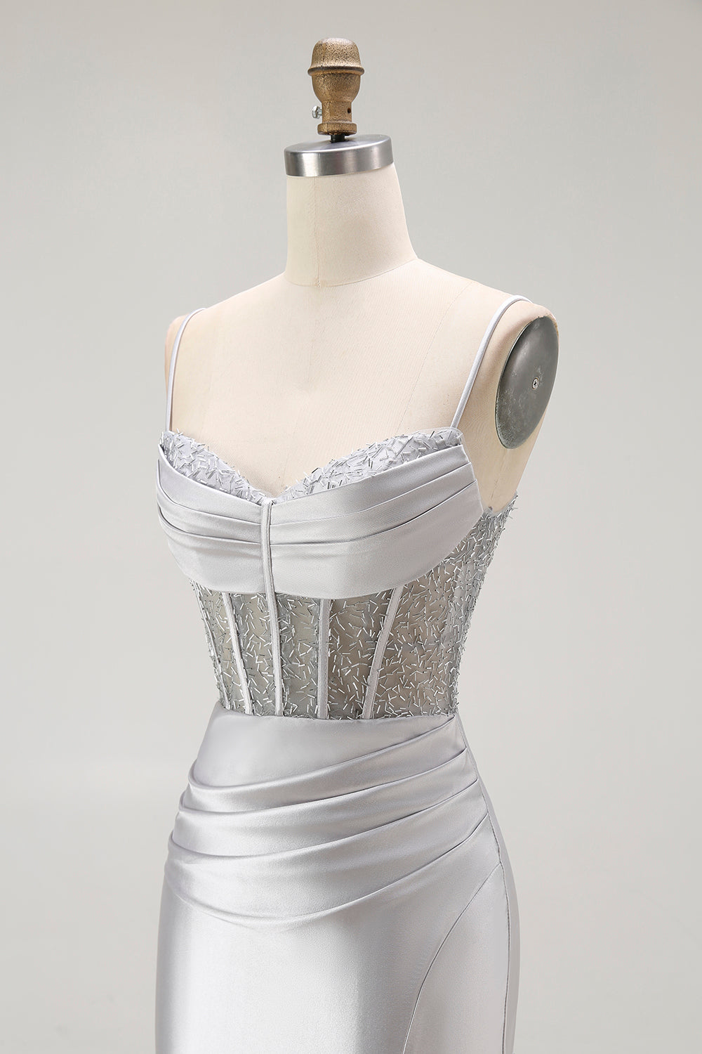 Sirène rouge spaghetti bretelles Corset plissé longue Robe de soirée avec fente
