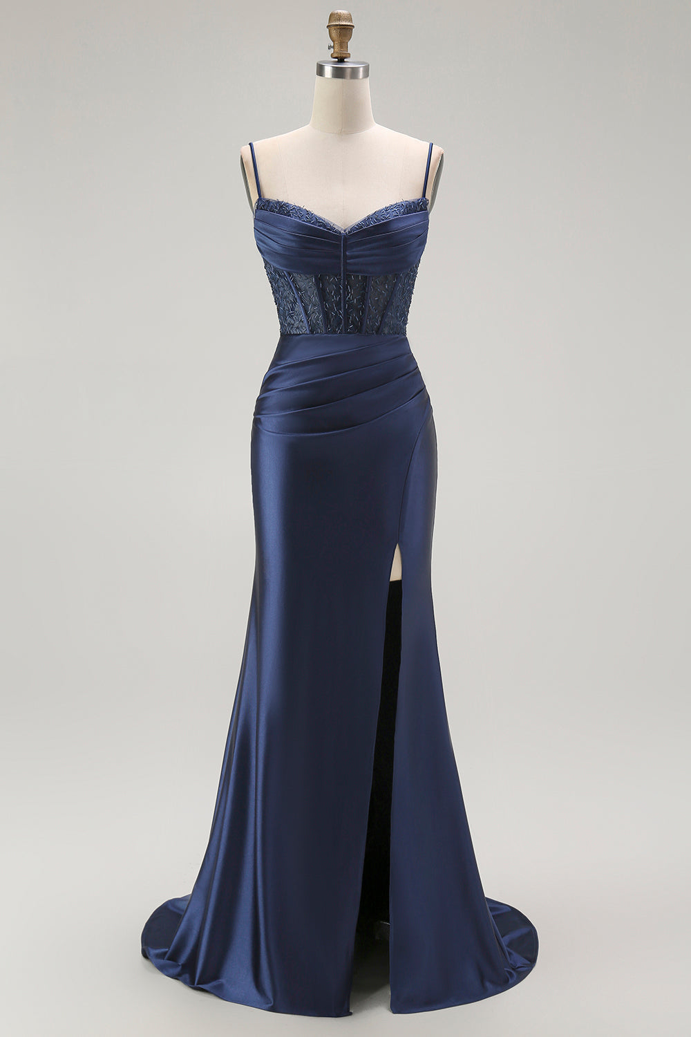 Sirène rouge spaghetti bretelles Corset plissé longue Robe de soirée avec fente