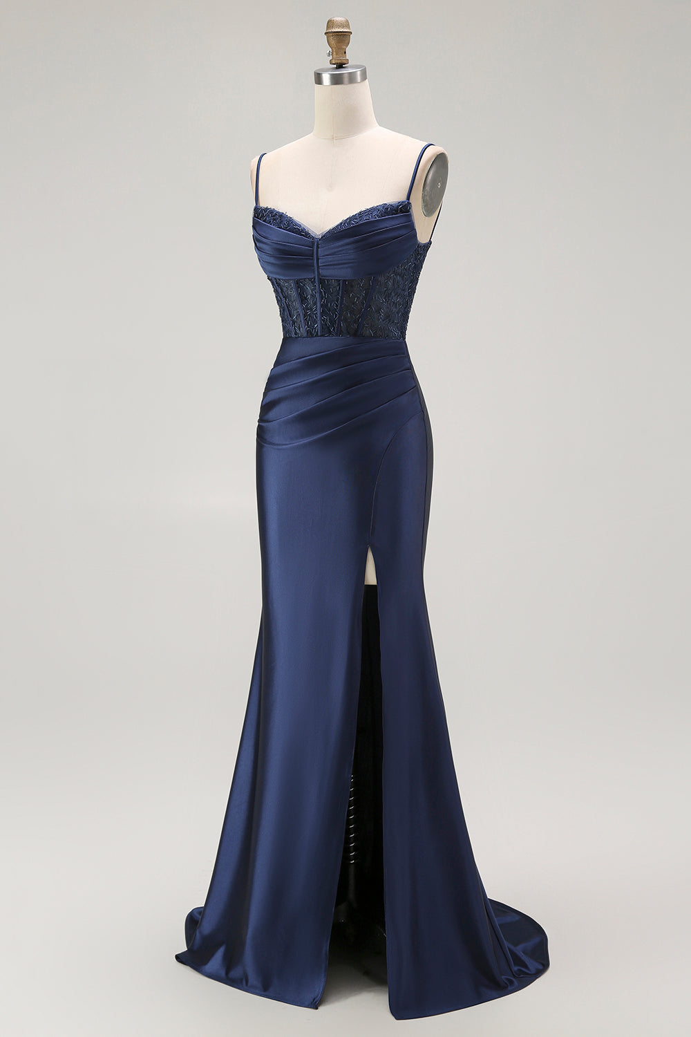 Sirène rouge spaghetti bretelles Corset plissé longue Robe de soirée avec fente