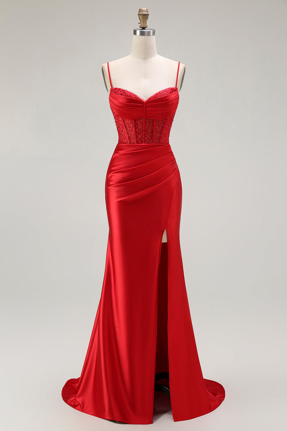 Sirène rouge spaghetti bretelles Corset plissé longue Robe de soirée avec fente