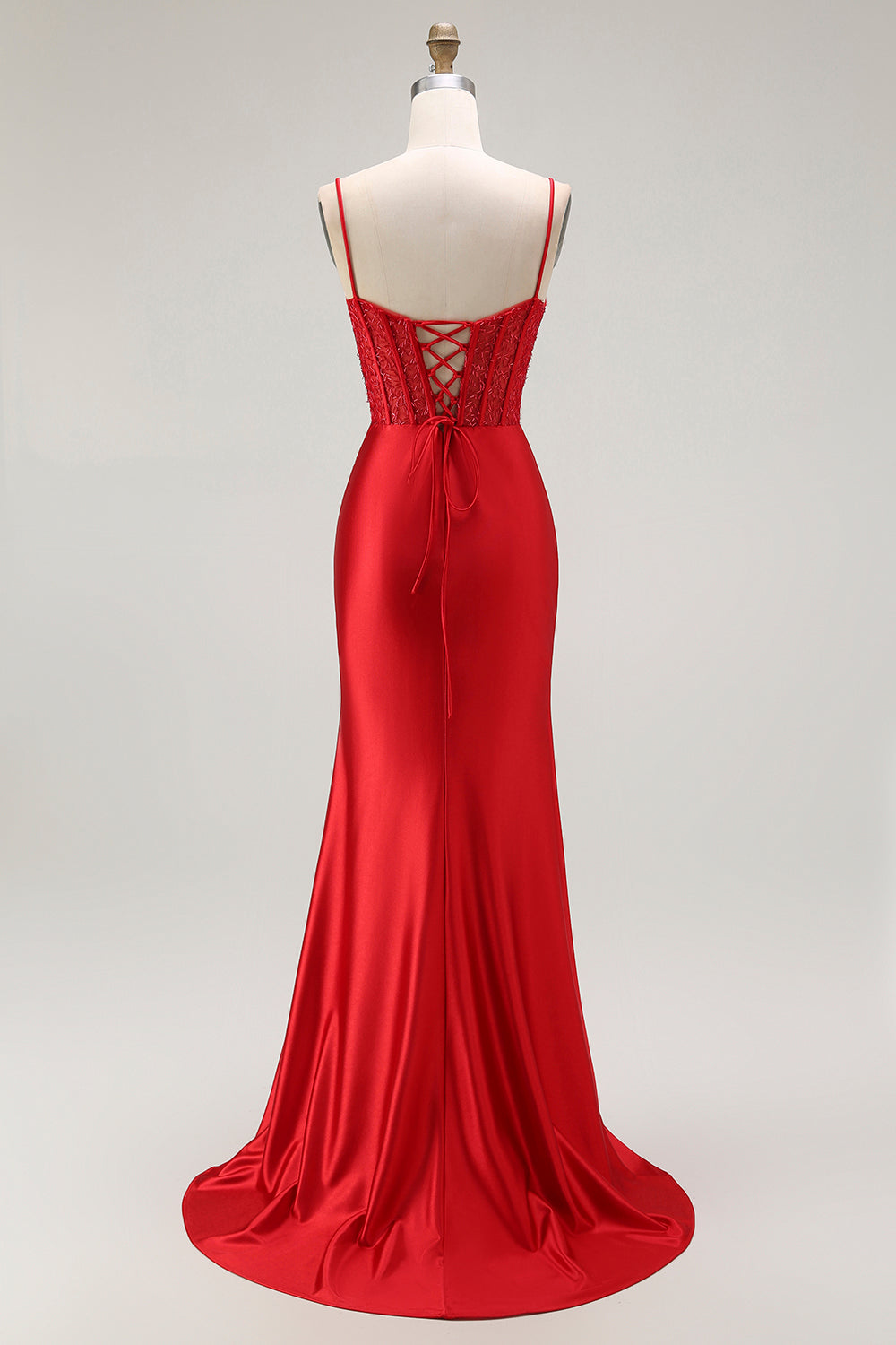 Sirène rouge spaghetti bretelles Corset plissé longue Robe de soirée avec fente