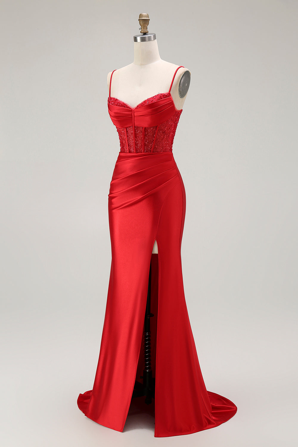 Sirène rouge spaghetti bretelles Corset plissé longue Robe de soirée avec fente