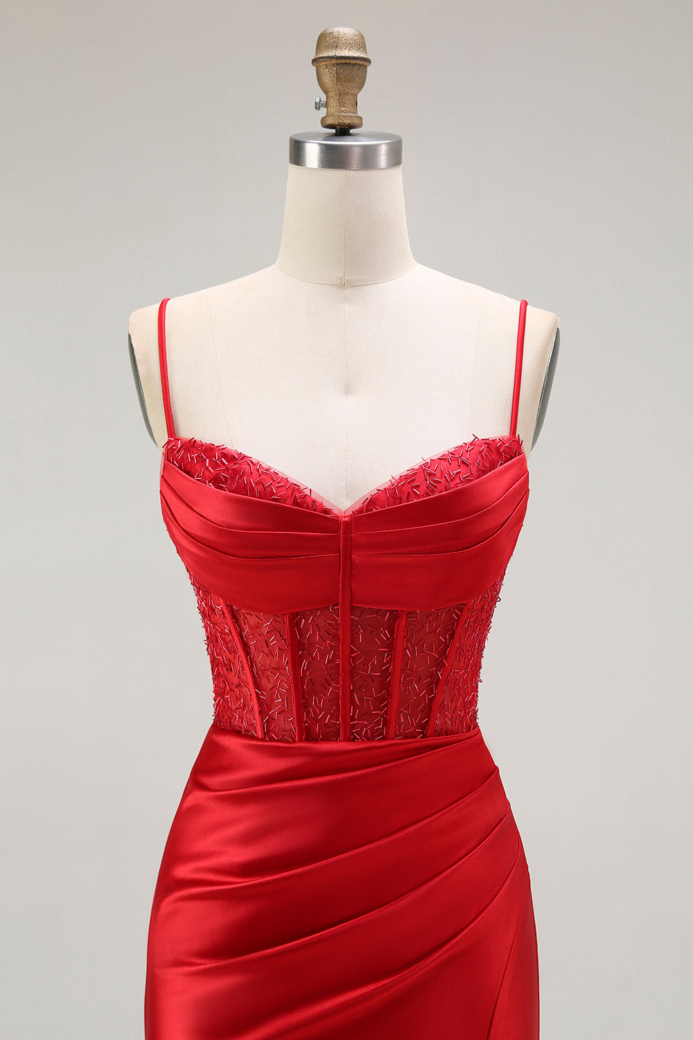 Sirène rouge spaghetti bretelles Corset plissé longue Robe de soirée avec fente