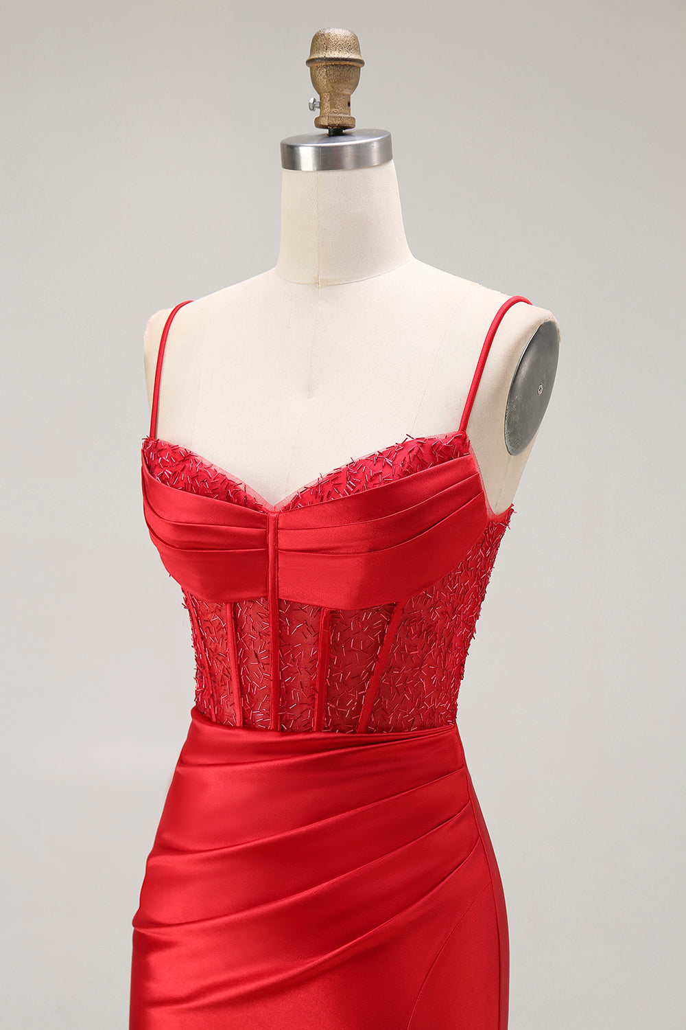 Sirène rouge spaghetti bretelles Corset plissé longue Robe de soirée avec fente