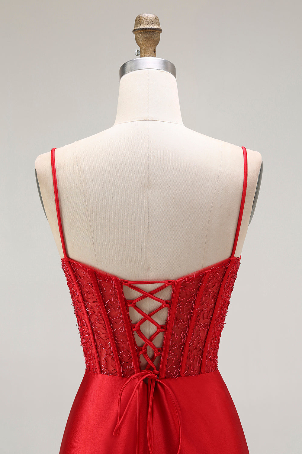 Sirène rouge spaghetti bretelles Corset plissé longue Robe de soirée avec fente