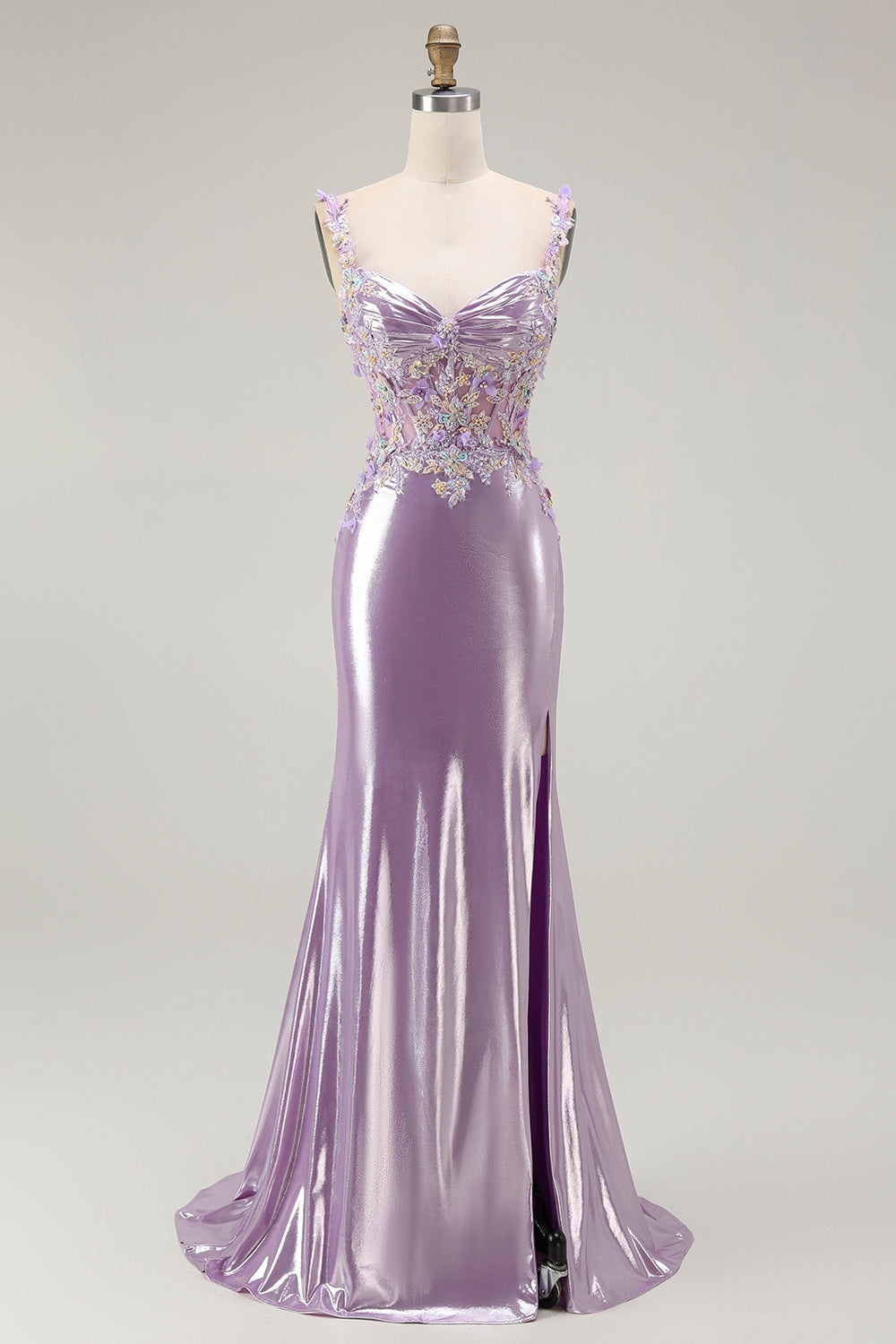 Sirène lilas spaghetti bretelles Applique perlé longue Robe de soirée avec fente