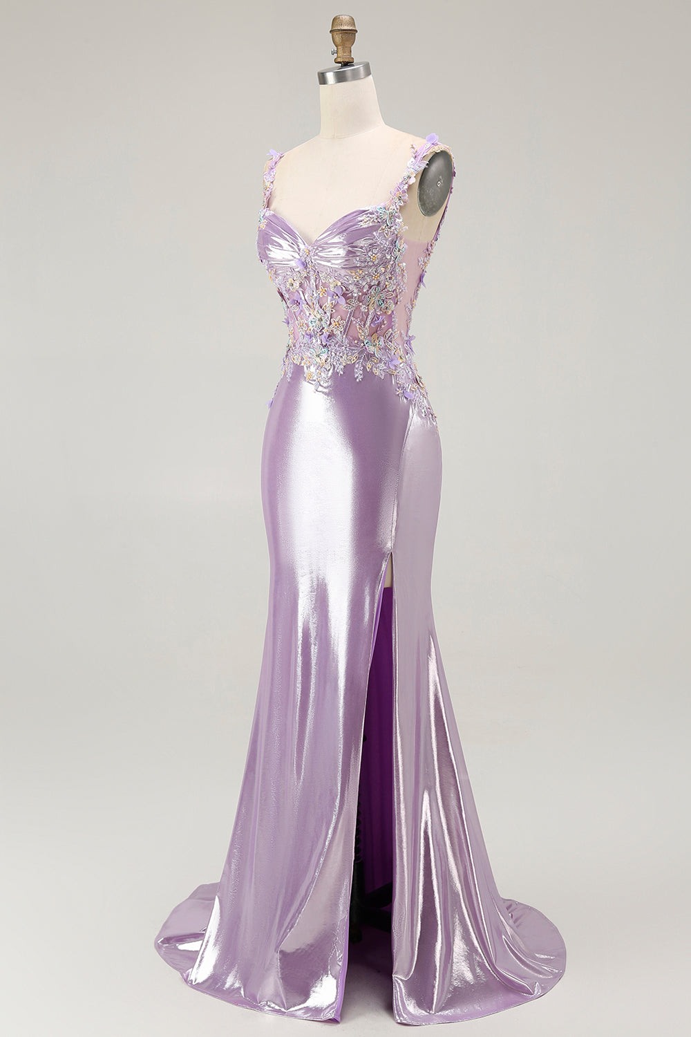 Sirène lilas spaghetti bretelles Applique perlé longue Robe de soirée avec fente
