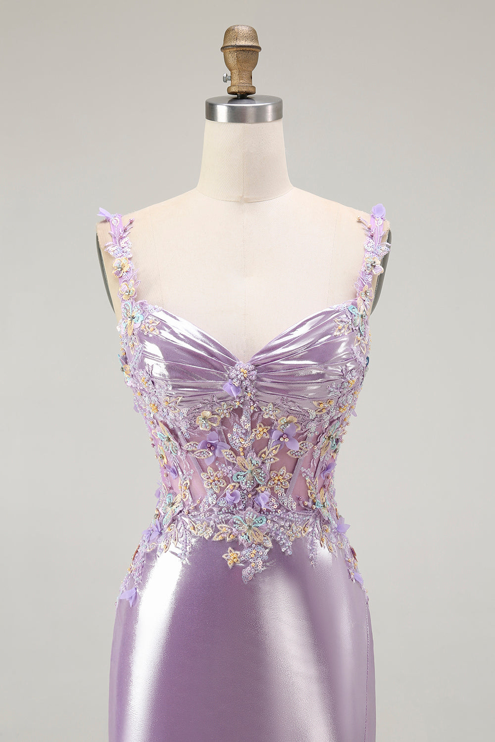 Sirène lilas spaghetti bretelles Applique perlé longue Robe de soirée avec fente