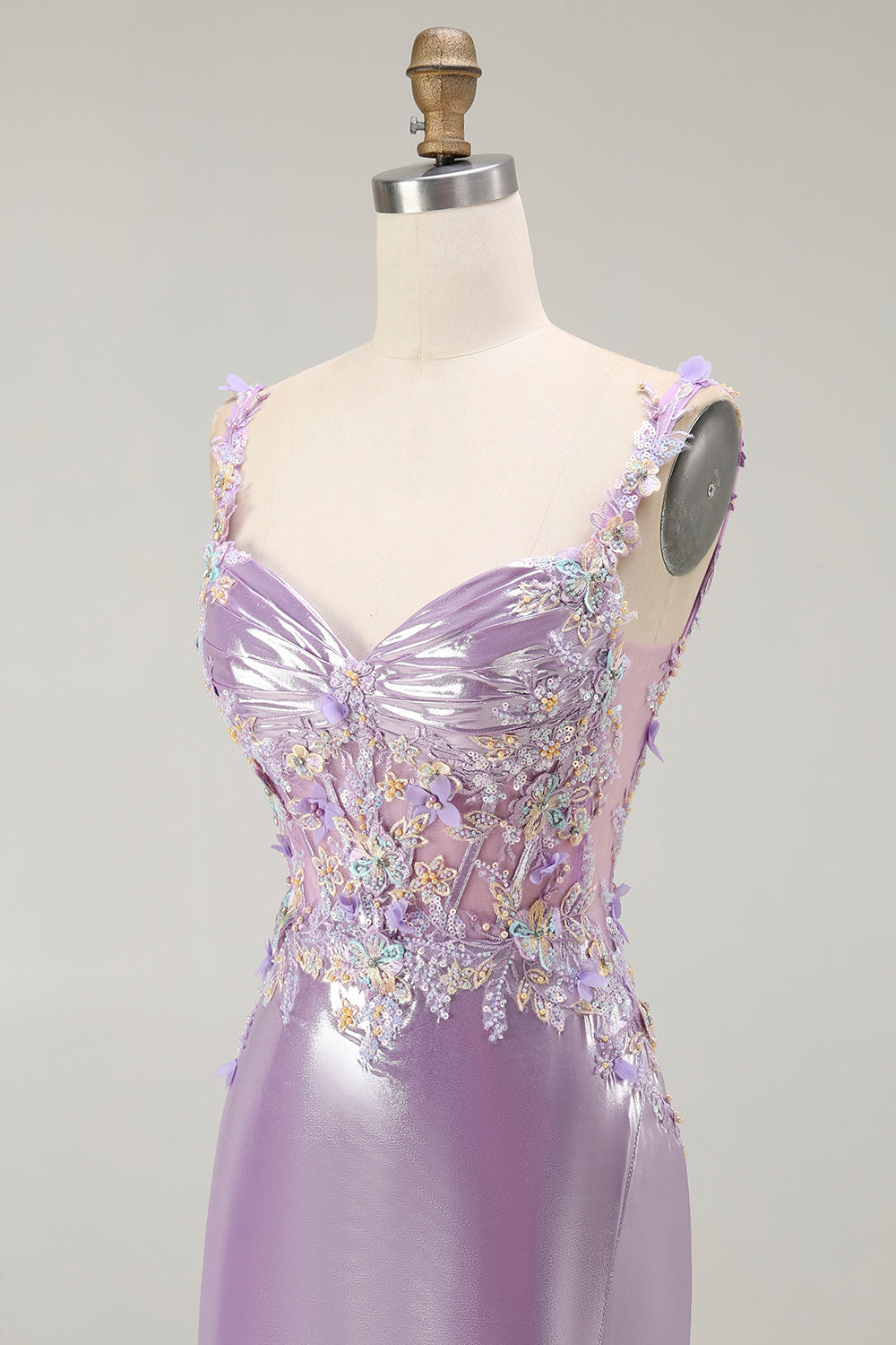 Sirène lilas spaghetti bretelles Applique perlé longue Robe de soirée avec fente