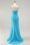 Robe de soirée longue plissée plissée sirène sirène bleue scintillante avec fente