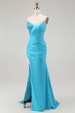 Robe de soirée longue plissée plissée sirène sirène bleue scintillante avec fente