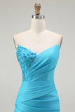 Robe de soirée longue plissée plissée sirène sirène bleue scintillante avec fente