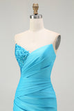 Robe de soirée longue plissée plissée sirène sirène bleue scintillante avec fente