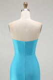 Robe de soirée longue plissée plissée sirène sirène bleue scintillante avec fente