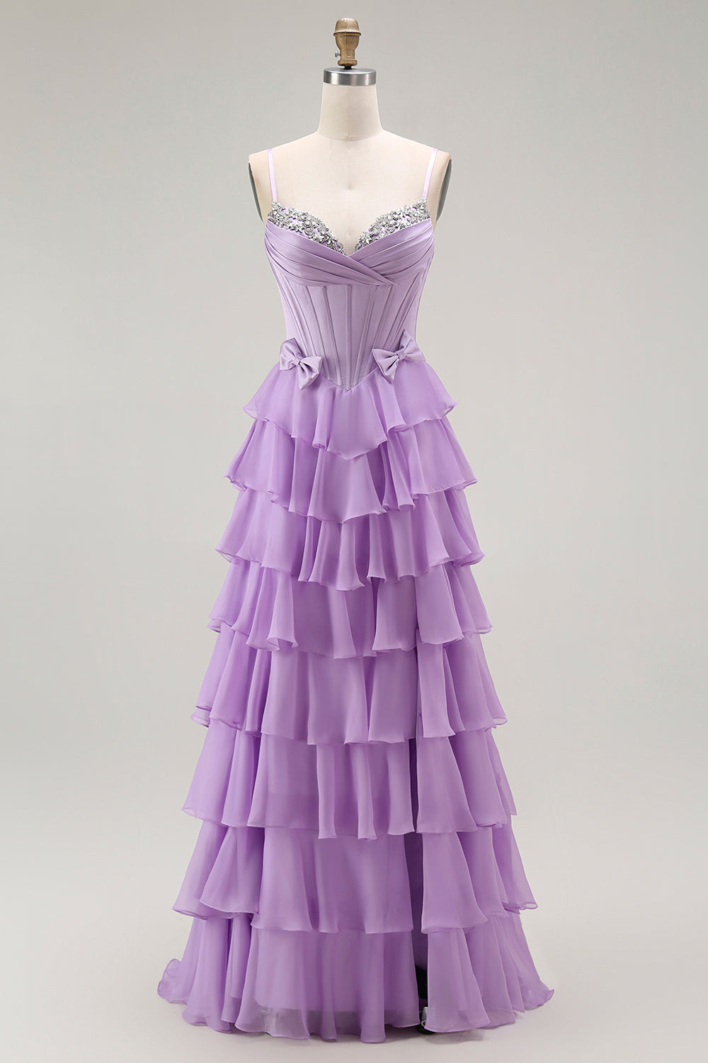 Violet A-ligne perlé Corset à volants Robe de soirée longue avec lacets dans le dos