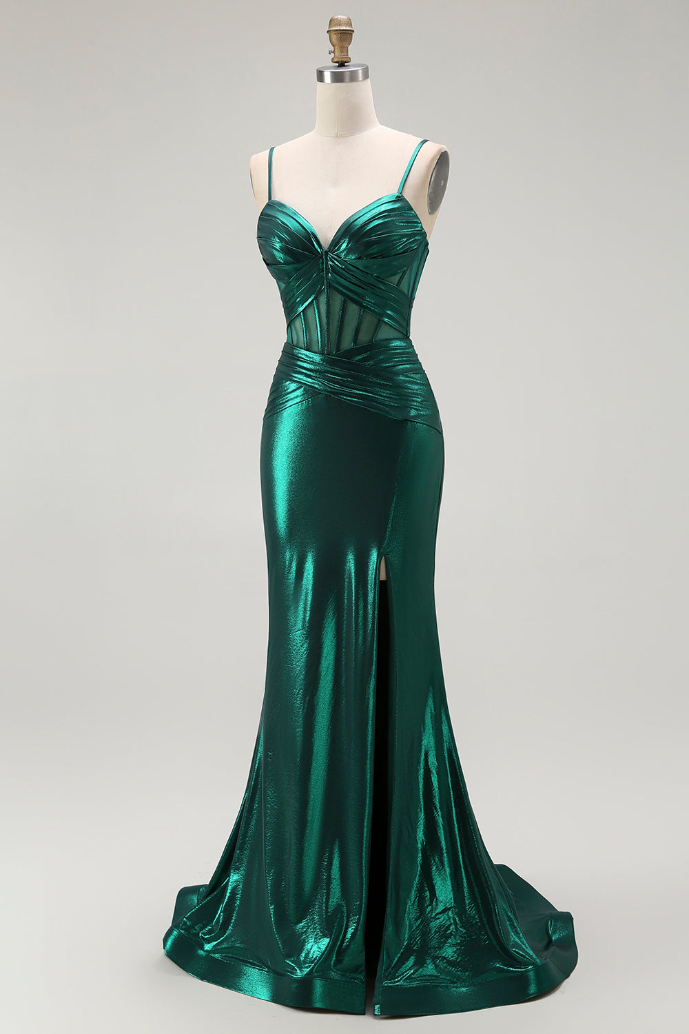 Vert foncé Sirène Métallisé Plissé Corset Longue Robe de soirée Avec Fente