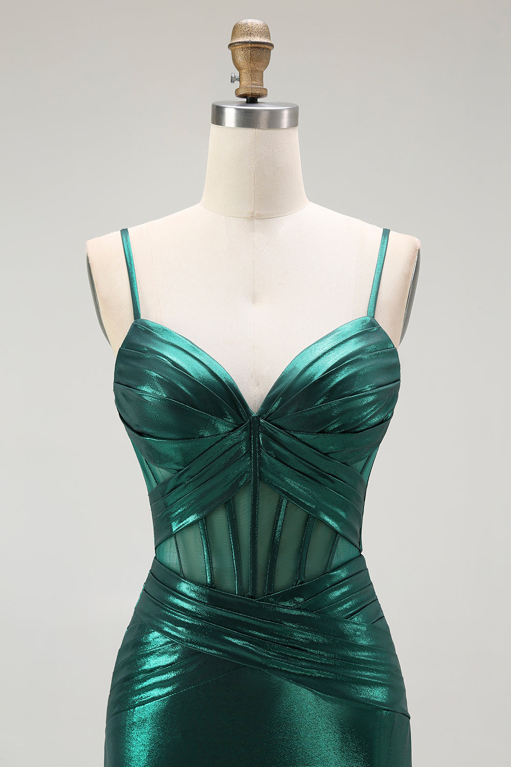 Vert foncé Sirène Métallisé Plissé Corset Longue Robe de soirée Avec Fente