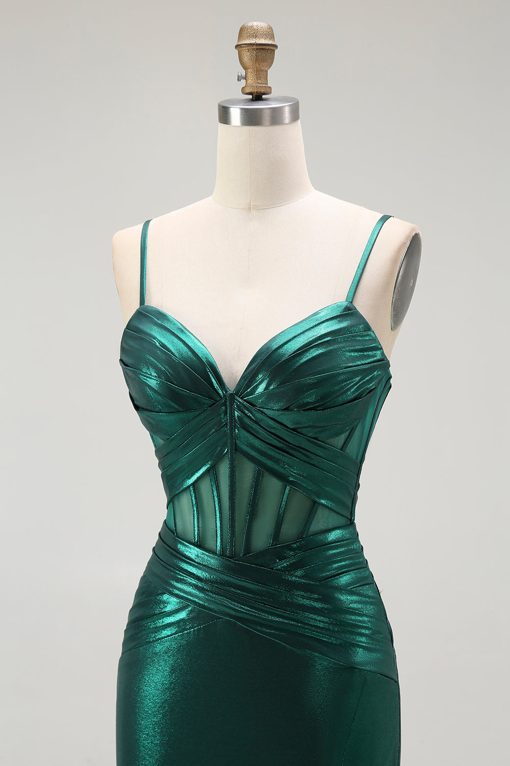 Vert foncé Sirène Métallisé Plissé Corset Longue Robe de soirée Avec Fente
