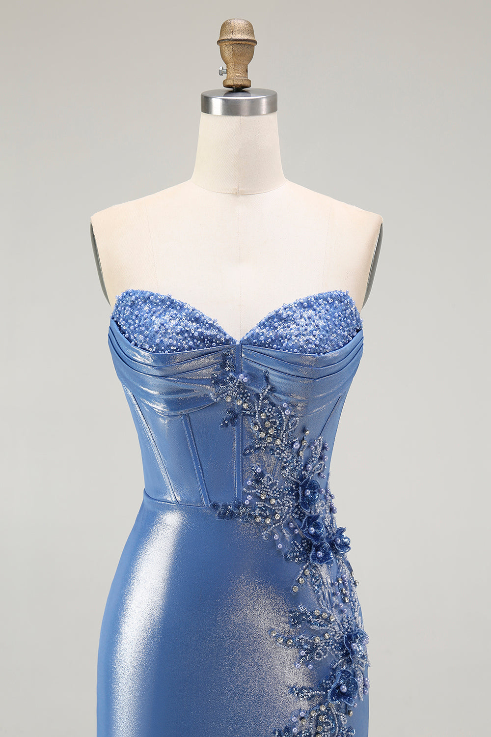Sirène Corset Paillettes Sweetheart Robe de soirée bleue perlée avec fente