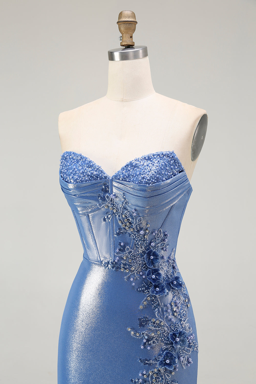 Sirène Corset Paillettes Sweetheart Robe de soirée bleue perlée avec fente