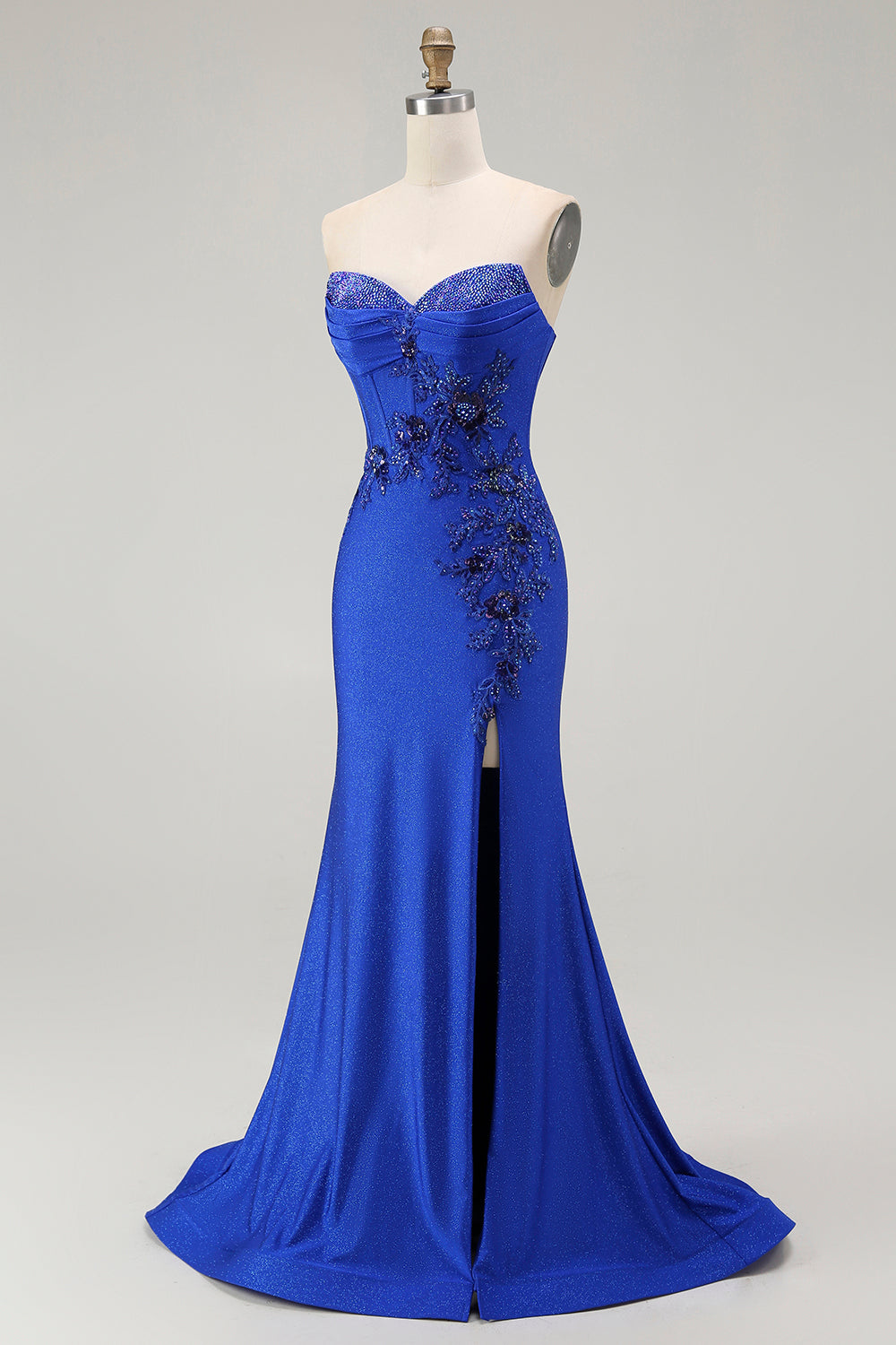 Robe de soirée longue perlée dos sans bretelles sirène bleu royal avec fente