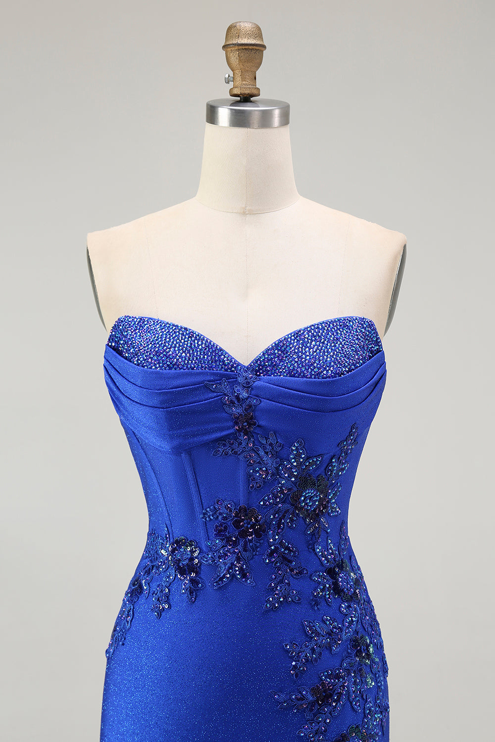Robe de soirée longue perlée dos sans bretelles sirène bleu royal avec fente