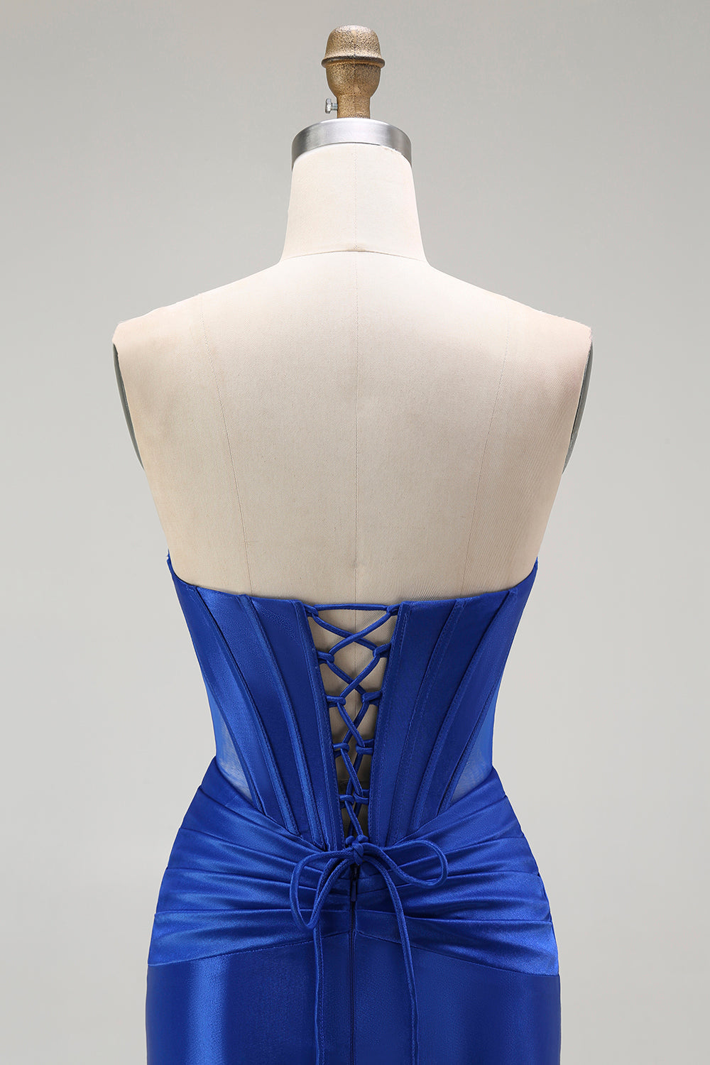 Robe de soirée longue sans bretelles corset perlée sirène bleu royal avec fente