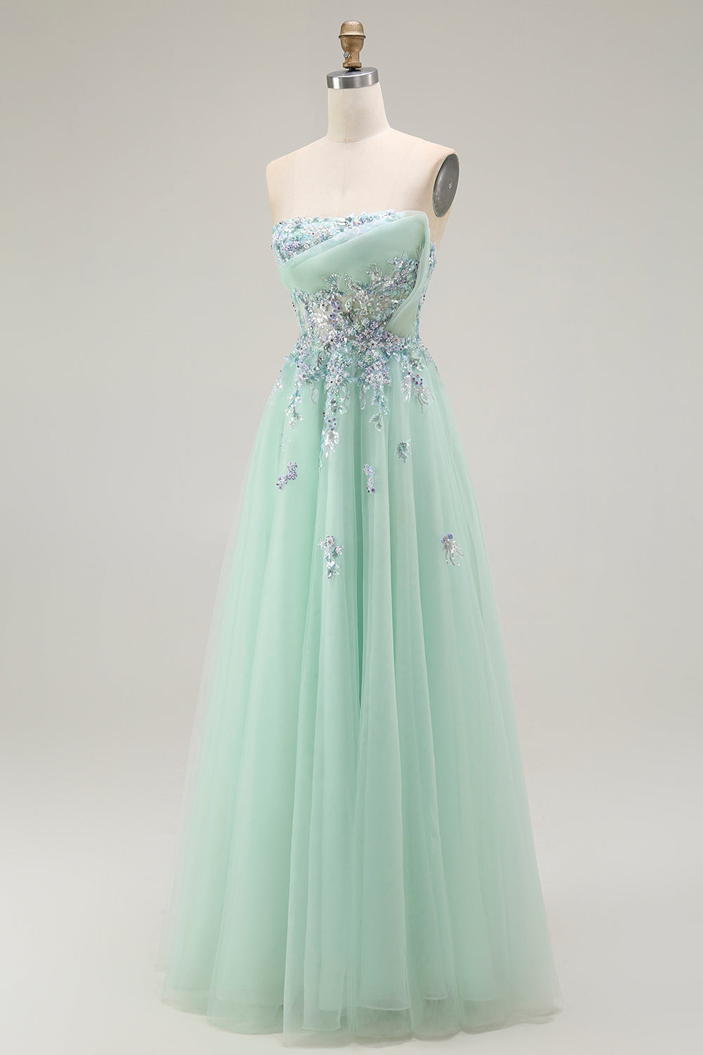 Robe de soirée longue corset transparente en tulle trapèze vert sans bretelles avec appliques
