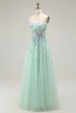 Robe de soirée longue corset transparente en tulle trapèze vert sans bretelles avec appliques