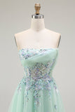 Robe de soirée longue corset transparente en tulle trapèze vert sans bretelles avec appliques