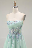 Robe de soirée longue corset transparente en tulle trapèze vert sans bretelles avec appliques