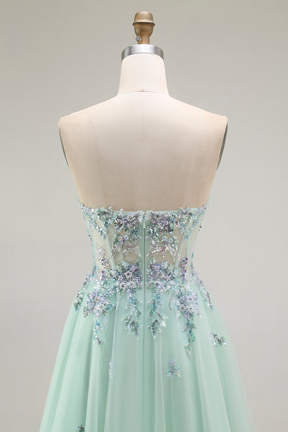 Robe de soirée longue corset transparente en tulle trapèze vert sans bretelles avec appliques
