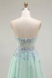 Robe de soirée longue corset transparente en tulle trapèze vert sans bretelles avec appliques
